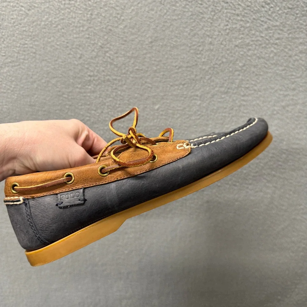 Polo Ralph Lauren Boat Shoes Mens 9 D Bienne II Navy Blue‎ Tan Leather Loafers
